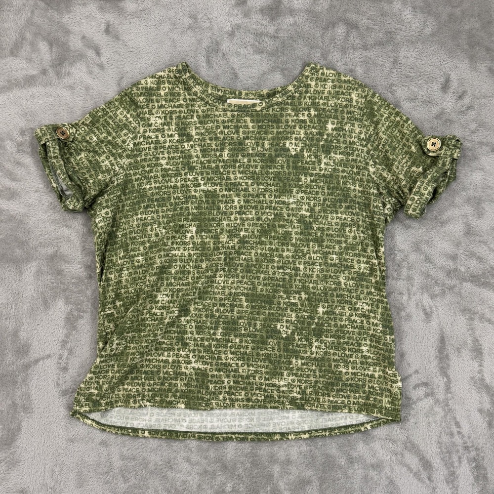 Michael Kors Shirt Womens XL Green Peace Love‎ Hippie All Over Print Modal Soft